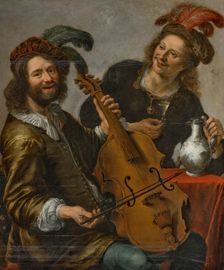 Viola da gamba player being offered a glass of wine by a young man. Creator: Stangerus, Cornelis (1616-1667)