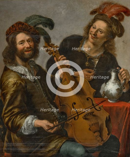 Viola da gamba player being offered a glass of wine by a young man. Creator: Stangerus, Cornelis (1616-1667).
