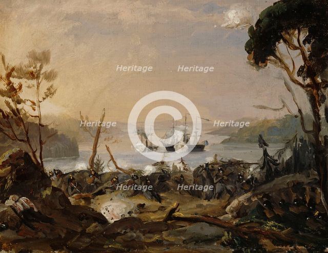 Violent reconnaissance in the Turku region, a scene from the Oolanni War, 1854. Creator: Robert Wilhelm Ekman.