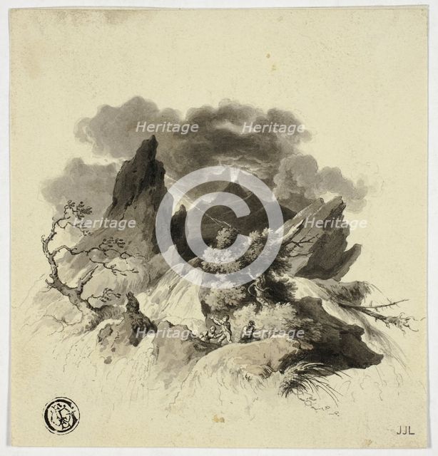 Violent Storm in Mountains with Erupting Volcano in Distance, n.d. Creator: Unknown.