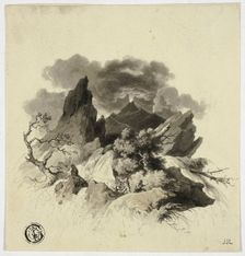 Violent Storm in Mountains with Erupting Volcano in Distance, n.d. Creator: Unknown