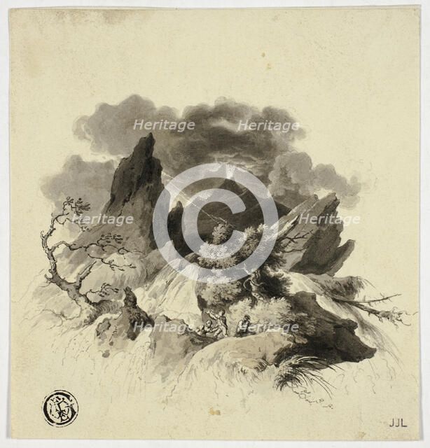 Violent Storm in Mountains with Erupting Volcano in Distance, n.d. Creator: Unknown.