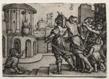Virgil hanging in a Basket, c.1541-42. Creator: Georg Pencz (German, c. 1500-1550)