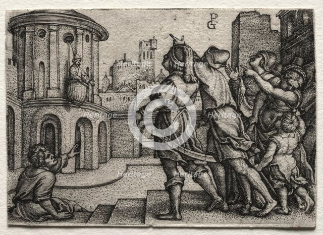Virgil hanging in a Basket, c.1541-42. Creator: Georg Pencz (German, c. 1500-1550).