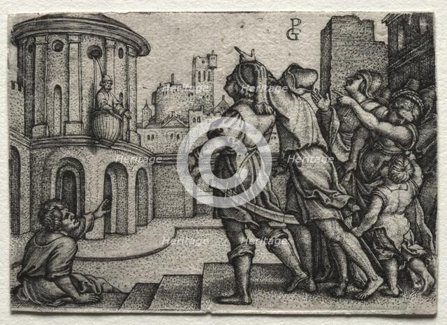 Virgil hanging in a Basket, c.1541-42. Creator: Georg Pencz (German, c. 1500-1550).