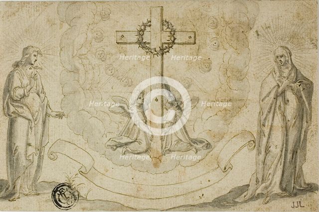 Virgin Mary and St. John the Evangelist Beholding a Vision of the Cross Held by Two Angels, n.d. Creator: Christoph Schwarz.