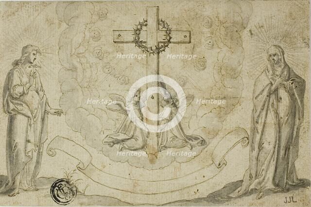 Virgin Mary and St. John the Evangelist Beholding a Vision of the Cross Held by Two Angels, n.d. Creator: Christoph Schwarz.