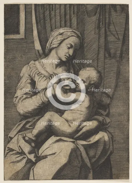 Virgin nursing the infant Christ on her lap, 1515-20. Creator: Marco Dente.