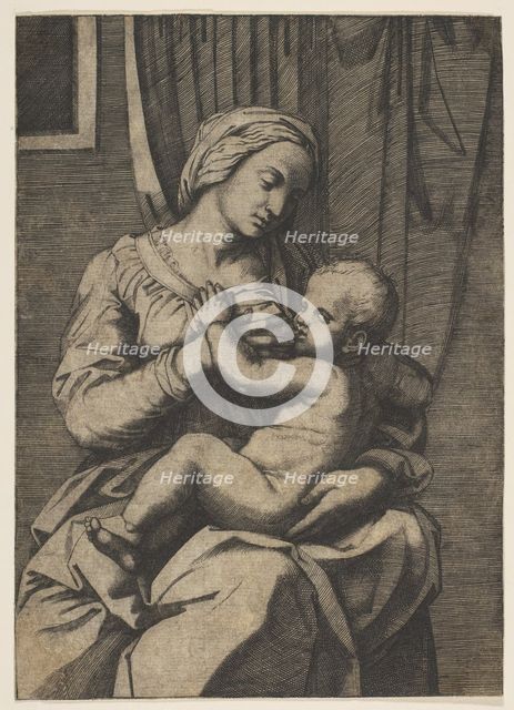 Virgin nursing the infant Christ on her lap, 1515-20. Creator: Marco Dente.