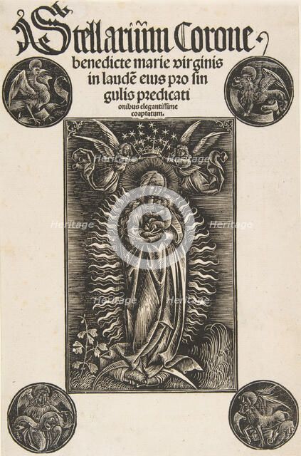 Virgin on a Crescent, Title-page from Pelbartus de Temesvar: Stellarium corone (Schr. 2869..., 1502. Creator: Attributed to Daniel Hopfer.