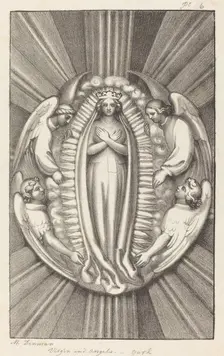 Virgin and Angels, a Key Stone in York, published 1829. Creator: Maria Denman
