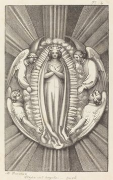 Virgin and Angels, a Key Stone in York, published 1829. Creator: Maria Denman