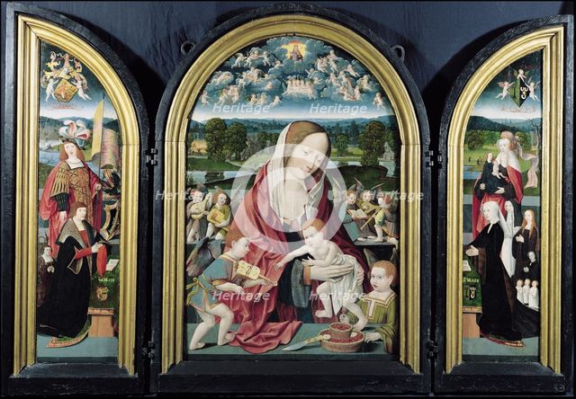 Virgin and Child with Music-Making Angels and the Sampsons-Coolen family, Triptych, 1500-1525. Artist: Cornelisz van Oostsanen, Jacob (ca. 1470-1533)