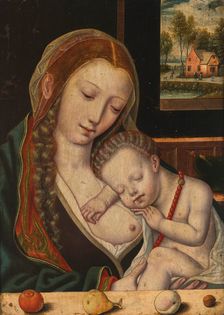 Virgin and Child with fruit on an entablature in the foreground, and window..., End of 16th cen... Creator: Anonymous