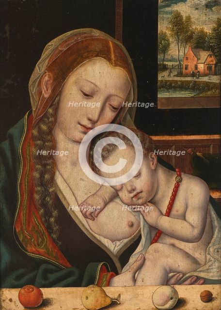 Virgin and Child with fruit on an entablature in the foreground, and window..., End of 16th cen... Creator: Anonymous.