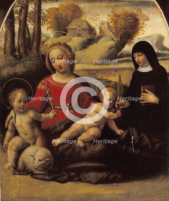 Virgin and child with John the Baptist as a Boy and Saint Scholastica, Early16th cen. Creator: Ortolano (Benvenuti), Giovanni Battista (c. 1480-1525).