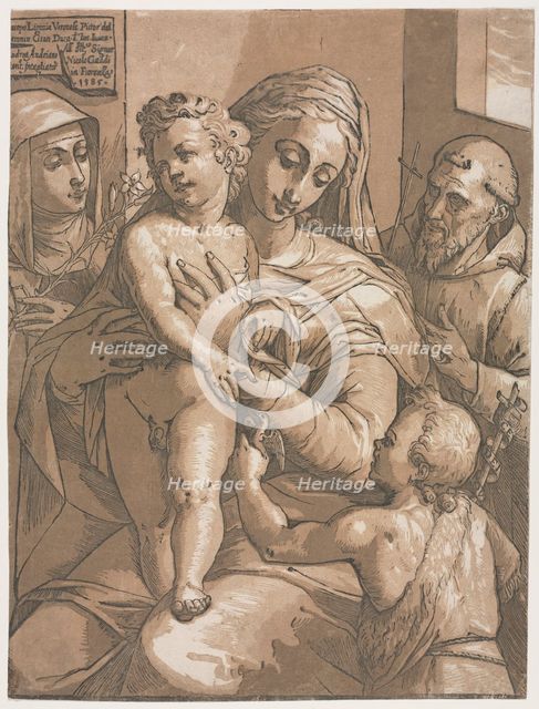 Virgin and Child with St. John, St. Catherine of Siena and St. Francis, 1585. Creator: Andrea Andreani (Italian, about 1558-1610).