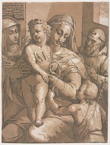 Virgin and Child with St. John, St. Catherine of Siena and St. Francis, 1585. Creator: Andrea Andreani (Italian, about 1558-1610)