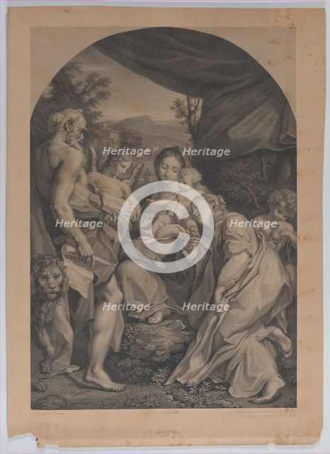 Virgin and Child with Saint Jerome at left, 1822. Creators: Francesco Bartolozzi, Henri-Charles Müller.