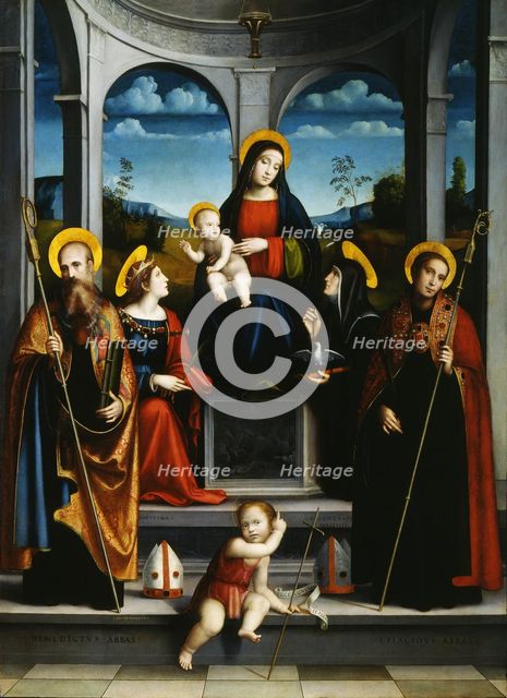 Virgin and Child with Saints Benedict, Justina, Placidus and Scholastica, ca 1515. Artist: Francia, Francesco (1450-1517)