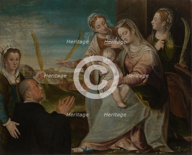 Virgin and child with Sants Catherine, Lucy, Justina of Padua and a Benedictine monk. Artist: Varotari, Dario, the Elder (1539-1596)