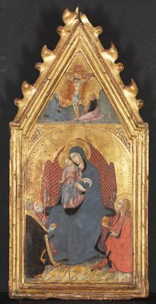 Virgin and Child Adored by Saints Mary Magdalene and Nicolas of Bari; Christ Crucified..., 1400s. Creator: Sano di Pietro (Italian, 1406-1481)