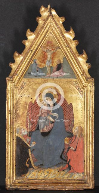 Virgin and Child Adored by Saints Mary Magdalene and Nicolas of Bari; Christ Crucified..., 1400s. Creator: Sano di Pietro (Italian, 1406-1481).