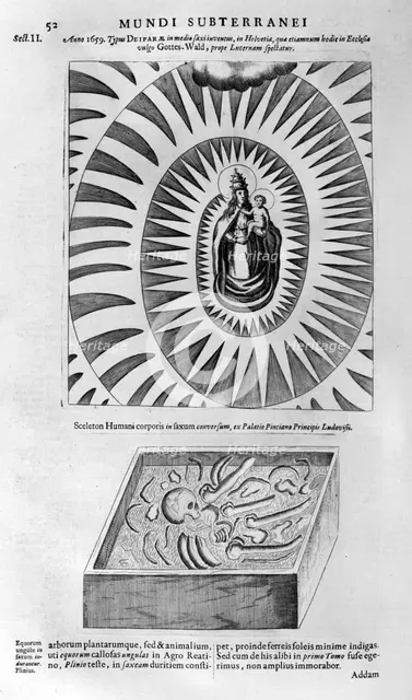 Virgin and child and a human skeleton, 1678. Artist: Athanasius Kircher