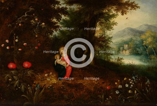 Virgin and Child in a Wooded Landscape, about 1615-1620. Creators: Abraham Govaerts, Ambrosius Francken II.