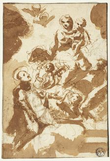 Virgin and Child on Clouds with Kneeling Male Saint (recto); Sketch of Two Female..., n.d. Creator: Unknown