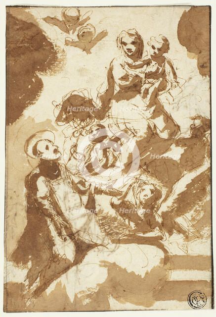 Virgin and Child on Clouds with Kneeling Male Saint (recto); Sketch of Two Female..., n.d. Creator: Unknown.