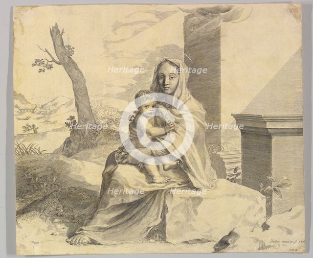 Virgin and Child Seated on a Rock (Vierge à l'Enfant dans des ruines), 1659. Creator: Claude Mellan.