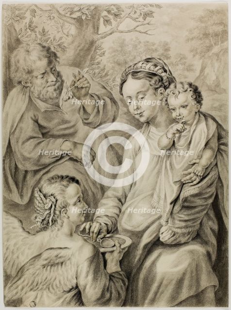 Virgin Feeding Porridge to the Christ Child, with Saint Joseph and Kneeling Angel, n.d. Creator: Abraham Delfos.