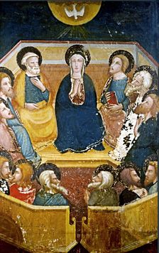 Virgin with the apostles detail of the paintings by Ferrer Bassa, frescoes preserved in the chap…