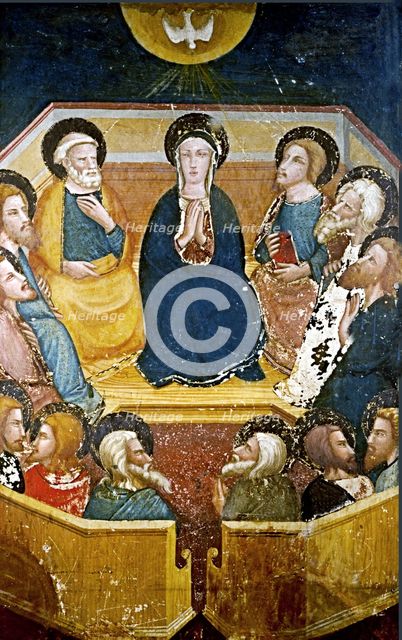 Virgin with the apostles' detail of the paintings by Ferrer Bassa, frescoes preserved in the chap…