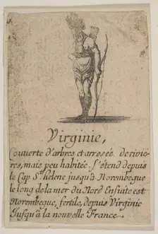 Virginia, from Game of Geography (Jeu de la Géographie), 1644. Creator: Stefano della Bella