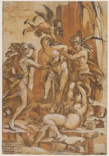 Virtue as a young woman in the centre of four figures representing love, error, ignorance ..., 1585. Creator: Andrea Andreani