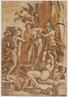 Virtue as a young woman in the centre of four figures representing love, error, ignorance ..., 1585. Creator: Andrea Andreani
