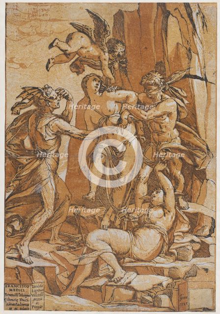 Virtue as a young woman in the centre of four figures representing love, error, ignorance ..., 1585. Creator: Andrea Andreani.