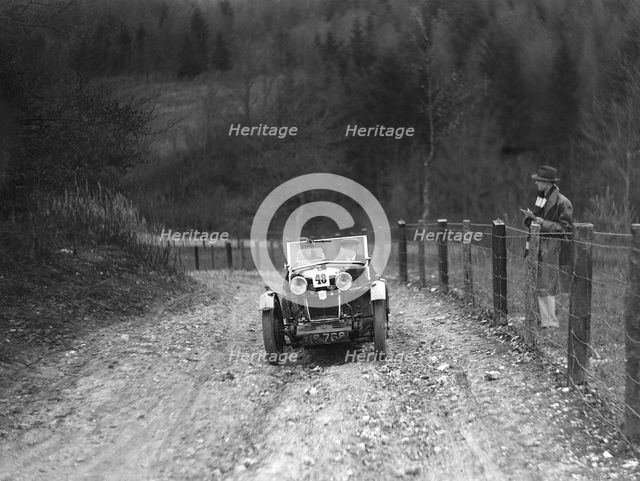 Viscount Curzon's MG M type 12/12 replica competing in the Inter-Varsity Trial, November 1931. Artist: Bill Brunell.