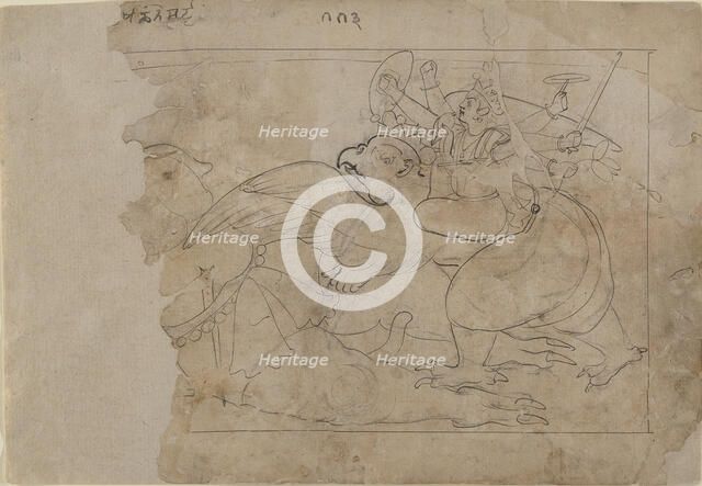 Vishnu on Garuda Slaying a Demon, mid-18th century. Creator: Unknown.