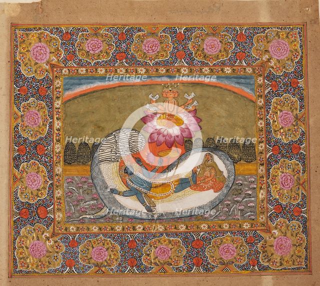 Vishnu and Lakshmi on the serpent Shesha, with Brahma on the lotus, possibly late 19th century. Artist: Unknown.
