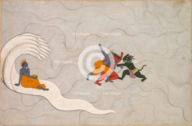 Vishnu Battles Madhu and Kaitabha, from a Markandeya Purana, c. 1760. Creator: Unknown.