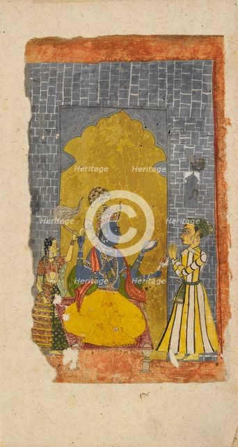 Vishnu enthroned with princely devotee standing before him, c1700-1725. Artist: Unknown.