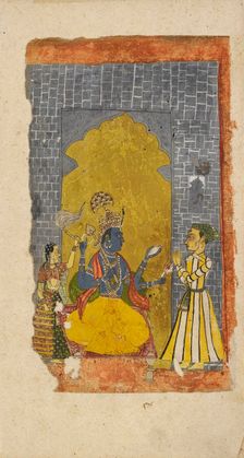 Vishnu enthroned with princely devotee standing before him, c1700-1725