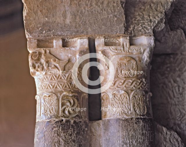 Visigothic capitals in alabaster, located in the mozarab arch in the entrance of the church of th…
