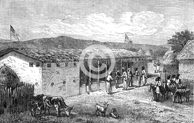 Visit of Arabs to Livingstone and Stanley at Unyanyembe, 1872. Creator: J. B. Zwicken.