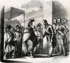 Visit of Emperor Moctezuma to Hernán Cortes. Engraving, 1862