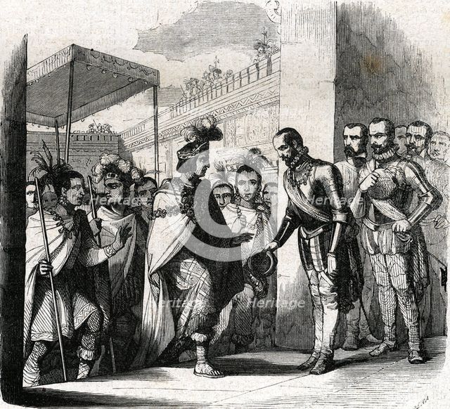 Visit of Emperor Moctezuma to Hernán Cortes. Engraving, 1862.