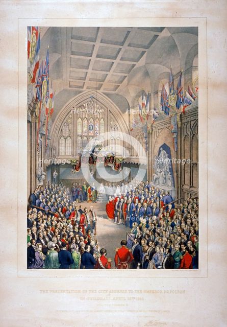 Visit of Napoleon III and the Empress Eugenie of France, Guildhall, City of London, 1855.  Artist: T Turner